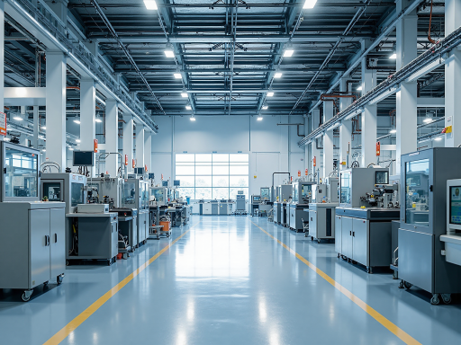 现代化生产车间,整齐排列的生产设备,工人正在操作精密仪器,明亮的工业照明,整洁的工厂环境