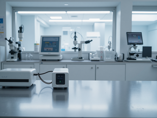 实验室技术人员正在测试设备,精密仪器显示数据,白色实验台面,专业实验环境